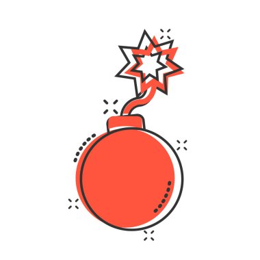 Çizgi roman tarzında bomba ikonu. Beyaz izole edilmiş arka planda dinamit karikatür vektör çizimi. C4 su sıçratma etkisi iş konsepti değil.