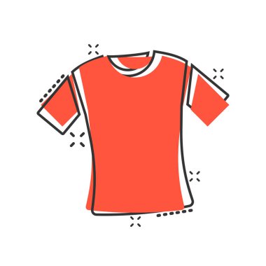 Çizgi roman tarzında tişört ikonu. Beyaz izole edilmiş arka planda günlük kıyafet karikatürü vektör çizimi. Polo giyimi sıçrama etkisi iş konsepti.