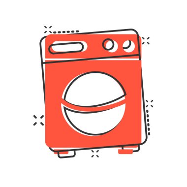 Çizgi roman tarzında çamaşır makinesi simgesi. Beyaz izole edilmiş arka planda çamaşır yıkama vektör çizimi. Çamaşır yıkama etkisi iş konsepti.