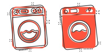 Çizgi roman tarzında çamaşır makinesi simgesi. Beyaz izole edilmiş arka planda çamaşır yıkama vektör çizimi. Çamaşır yıkama etkisi iş konsepti.