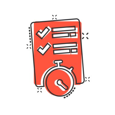 Çizgi roman tarzında belge cadısı saat simgesi. Beyaz izole edilmiş arka planda kontrol listesi karikatür vektör çizimi. Hızlı servis sıçrama etkisi iş konsepti.