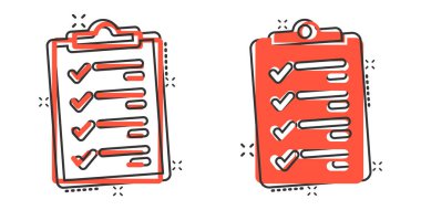 Çizgi roman tarzında belge kontrol listesi simgesi. Beyaz izole edilmiş arka planda çizgi film vektör illüstrasyonunu rapor et. Kağıt tabaka sıçrama etkisi iş konsepti.