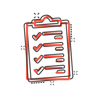 Çizgi roman tarzında belge kontrol listesi simgesi. Beyaz izole edilmiş arka planda çizgi film vektör illüstrasyonunu rapor et. Kağıt tabaka sıçrama etkisi iş konsepti.