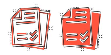 Çizgi roman tarzında belge kontrol listesi simgesi. Beyaz izole edilmiş arka planda çizgi film vektör illüstrasyonunu rapor et. Kağıt tabaka sıçrama etkisi iş konsepti.