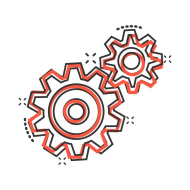 Çizgi roman tarzında dişli vektör simgesi. Beyaz izole arkaplanda çark çizimi. Çarklı çark sıçrama etkisi iş konsepti.