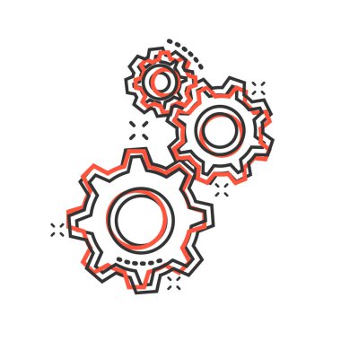 Çizgi roman tarzında dişli vektör simgesi. Beyaz izole arkaplanda çark çizimi. Çarklı çark sıçrama etkisi iş konsepti.