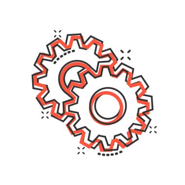Çizgi roman tarzında dişli vektör simgesi. Beyaz izole arkaplanda çark çizimi. Çarklı çark sıçrama etkisi iş konsepti.