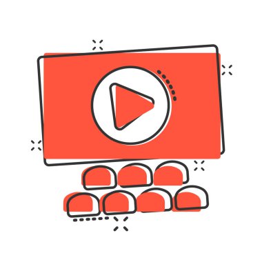 Komik bir film ikonu. Beyaz izole edilmiş arka planda film karikatürü vektör çizimi. Sinema tiyatrosu sıçrama etkisi iş konsepti.