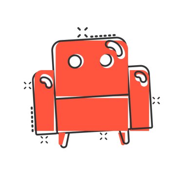 Çizgi roman tarzında sinema koltuğu ikonu. Koltuk karikatürü beyaz izole arkaplanda vektör çizimi. Tiyatro koltuğu sıçrama etkisi iş konsepti.