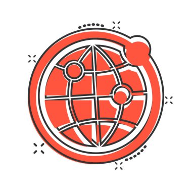 Dünya gezegeninin komik ikonu. Beyaz izole arkaplanda küresel coğrafi çizgi film vektör çizimi. Küresel iletişim sıçrama etkisi iş konsepti.