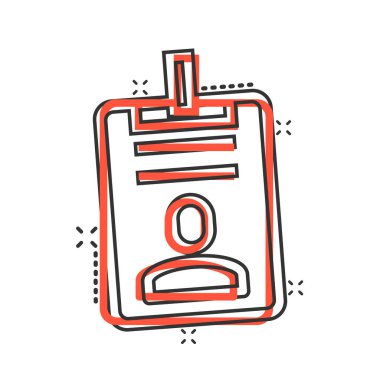 Çizgi roman tarzında kimlik kartı simgesi. Beyaz izole edilmiş arkaplanda kimlik etiketi vektör çizimi. Ehliyet sıçrama etkisi iş konsepti.