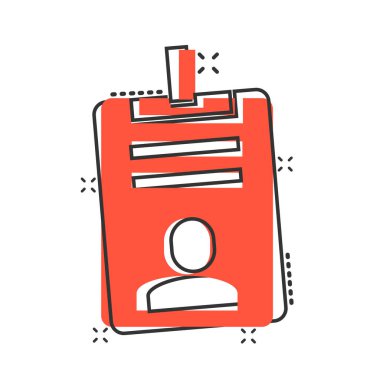 Çizgi roman tarzında kimlik kartı simgesi. Beyaz izole edilmiş arkaplanda kimlik etiketi vektör çizimi. Ehliyet sıçrama etkisi iş konsepti.