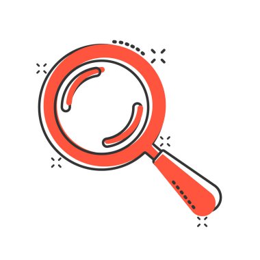 Çizgi roman tarzında Loupe işareti simgesi. Beyaz izole arkaplanda büyüteç karikatür vektör çizimi. Arama sıçrama etkisi iş konsepti.