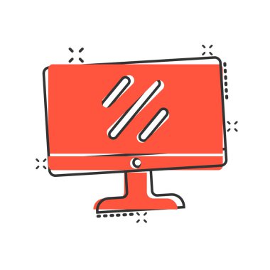 Bilgisayar monitörü simgesi çizgi roman tarzında. İzole edilmiş arkaplanda çizgi film vektör çizimi göster. Piktogram sıçrama efekti iş konseptini izle.