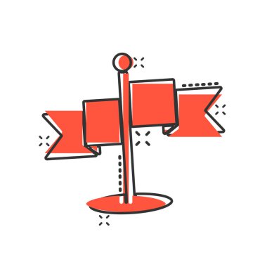 Çizgi roman tarzında bayrak simgesi. Beyaz izole arkaplanda Pin karikatür vektör çizimi. Bayrak direği sıçrama etkisi iş konsepti.