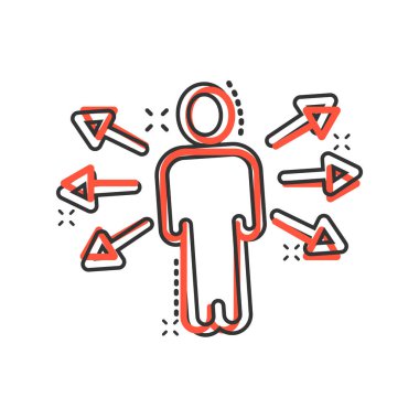 Komedi tarzında zihin farkındalığı simgesi. Beyaz izole edilmiş arka planda insan karikatür vektör çizimi. Müşteri beyni sıçrama etkisi iş konsepti.