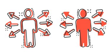 Komedi tarzında zihin farkındalığı simgesi. Beyaz izole edilmiş arka planda insan karikatür vektör çizimi. Müşteri beyni sıçrama etkisi iş konsepti.