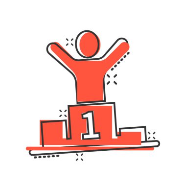 İnsanlar çizgi roman tarzında ikon kazanır. Beyaz izole arka planda podyum karikatür vektör illüstrasyonunda şampiyon. Ödül töreni iş dünyası konseptine sıçradı.