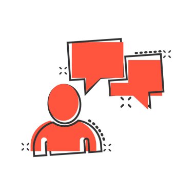 Çizgi roman tarzında konuşma balonu ikonu olan insanlar. Beyaz izole arkaplanda sohbet çizgi filmi vektör çizimi. Konuşma penceresi sıçrama etkisi iş konsepti.