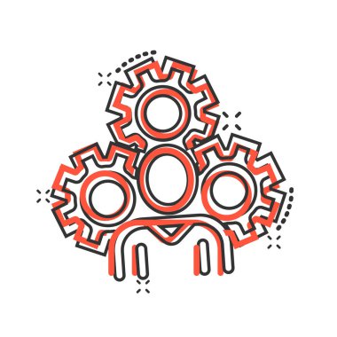 Çizgi roman tarzında vites simgesi olan insanlar. Beyaz izole edilmiş arka planda insan çarklı çizgi film vektör çizimi. Takım çalışması iş dünyasının etkisini artırdı.