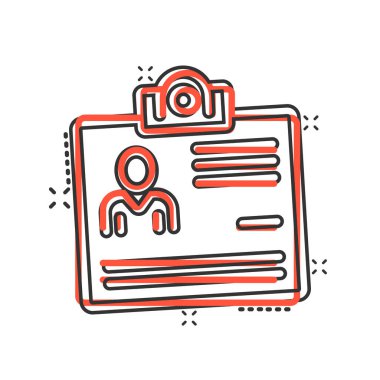 Çizgi roman tarzında kimlik kartı simgesi. Beyaz izole edilmiş arkaplanda kimlik etiketi vektör çizimi. Ehliyet sıçrama etkisi iş konsepti.