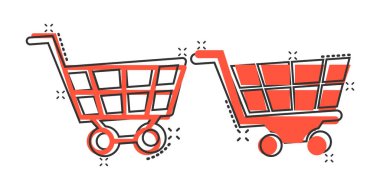 Çizgi roman tarzında alışveriş arabası ikonu. Beyaz izole edilmiş arka planda Tramvay karikatür çizimi. Sepet sıçrama etkisi iş konsepti.