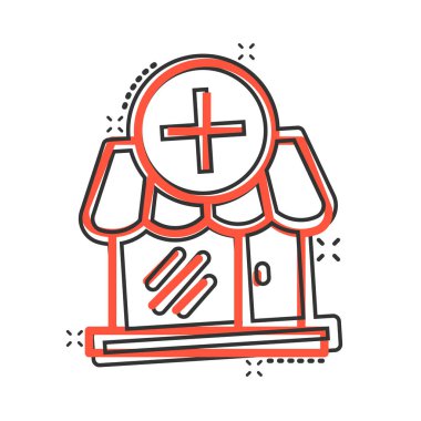 Çizgi roman tarzında alışveriş merkezi simgesi. Beyaz izole edilmiş arkaplanda çizgi film vektör illüstrasyonunu sakla. Dükkan sıçrama etkisi iş konsepti.