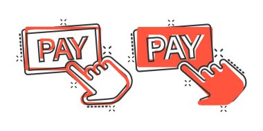 Çizgi roman gibi ödeme yapan bir dükkan ikonu. İzole edilmiş arkaplanda parmak imleci çizgi film vektör çizimi. Sıçrama efekti iş konseptine tıklayın.