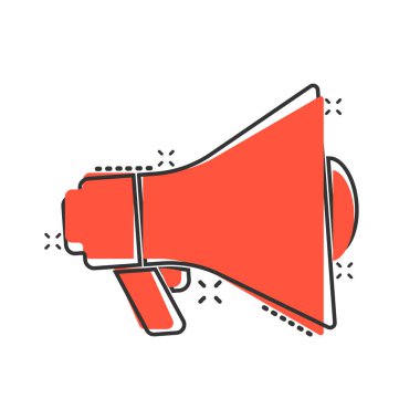 Çizgi roman tarzında megafon hoparlörü ikonu. Beyaz izole edilmiş arka planda Bullhorn çizgi film işareti vektör çizimi. Çığlık duyurusu, sıçrama etkisi iş konsepti.