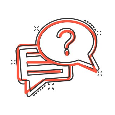 Çizgi roman tarzında soru işareti simgesi. Beyaz yalıtılmış arka planda konuşma balonu karikatür vektör çizimi tartışması. Faq sıçrama etkisi iş konsepti.