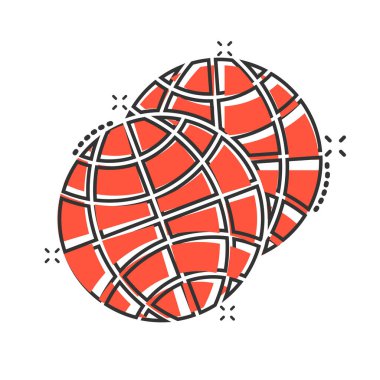Dünya gezegeninin komik ikonu. Beyaz izole arkaplanda küresel coğrafi çizgi film vektör çizimi. Küresel iletişim sıçrama etkisi iş konsepti.