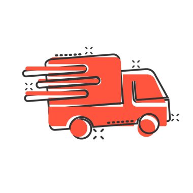 Kargo kamyonu ikonu. Beyaz izole edilmiş arka planda Van karikatür vektör çizimi. Kargo arabası sıçrama etkisi iş konsepti.