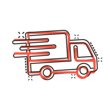 Kargo kamyonu ikonu. Beyaz izole edilmiş arka planda Van karikatür vektör çizimi. Kargo arabası sıçrama etkisi iş konsepti.