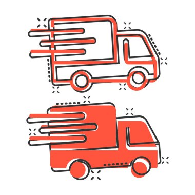 Kargo kamyonu ikonu. Beyaz izole edilmiş arka planda Van karikatür vektör çizimi. Kargo arabası sıçrama etkisi iş konsepti.