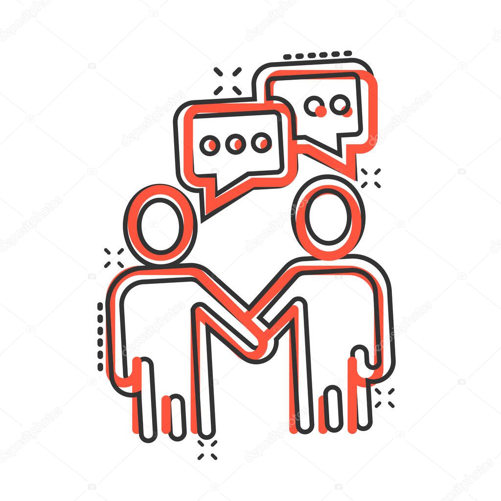 Greetings gesture icon in comic style. People handshake cartoon vector illustration on white isolated background. Hand shake splash effect business concept.