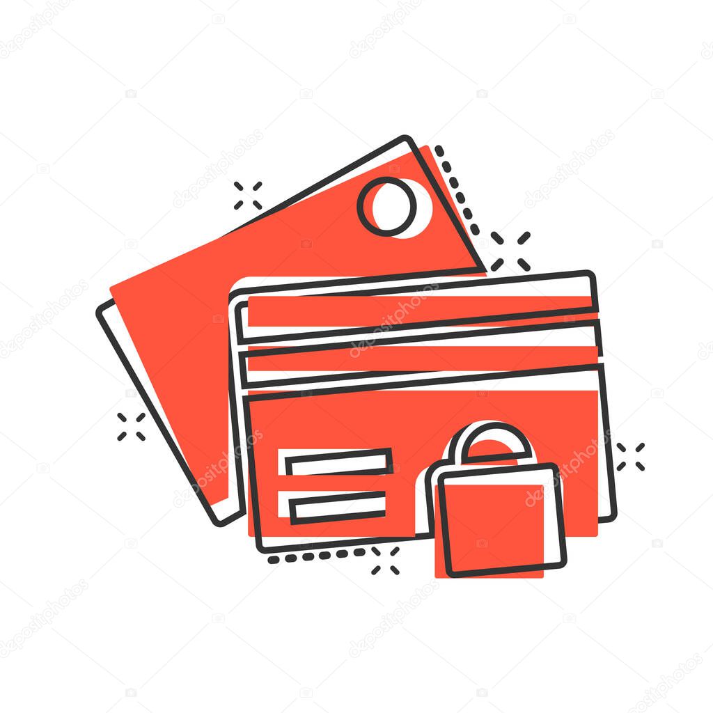 Credit card protection icon in comic style. Safe shopping cartoon vector illustration on white isolated background. Commercial padlock splash effect business concept.
