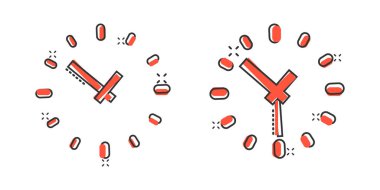 Çizgi roman tarzında saat simgesi. Beyaz izole edilmiş arka plandaki çizgi film vektör çizimini izleyin. Zamanlayıcı sıçrama etkisi iş konsepti.
