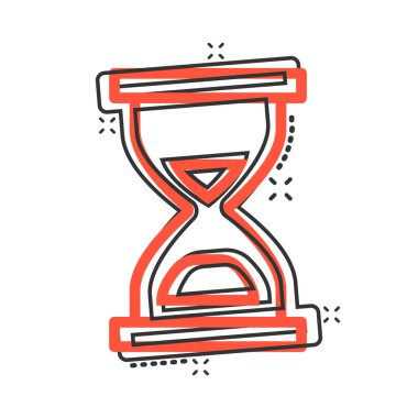 Çizgi roman tarzında kum saati simgesi. Beyaz izole edilmiş arka planda kum camı çizimi. Saat sıçrama etkisi iş konsepti.