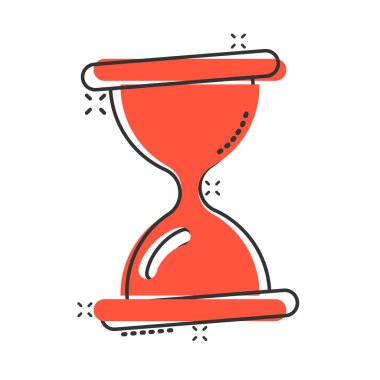 Çizgi roman tarzında kum saati simgesi. Beyaz izole edilmiş arka planda kum camı çizimi. Saat sıçrama etkisi iş konsepti.