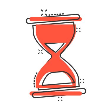 Çizgi roman tarzında kum saati simgesi. Beyaz izole edilmiş arka planda kum camı çizimi. Saat sıçrama etkisi iş konsepti.