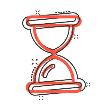 Çizgi roman tarzında kum saati simgesi. Beyaz izole edilmiş arka planda kum camı çizimi. Saat sıçrama etkisi iş konsepti.