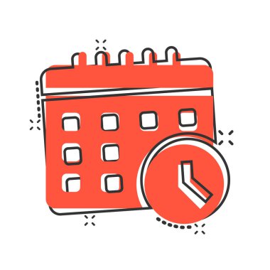 Çizgi roman tarzında saat simgesiyle takvim. Beyaz izole edilmiş arka planda ajanda vektör çizimi. Zamanlama zaman planlayıcısı sıçrama etkisi iş konsepti.