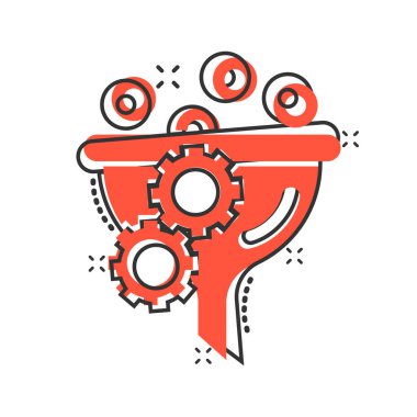 Çizgi roman tarzında filtre simgesi. Beyaz izole arkaplanda huni çizgi film vektör çizimi. Kimyasal koni sıçrama etkisi iş konsepti.