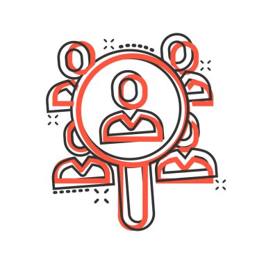 Çizgi roman tarzında arama işi boşluk simgesi. Beyaz izole edilmiş arka planda Loupe kariyer karikatürü vektör çizimi. İnsan işvereni bul. Sulama etkisi iş konsepti..