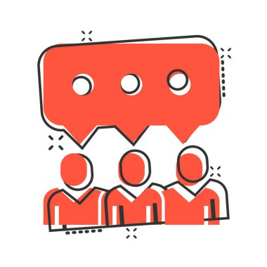 Çizgi roman tarzında konuşma balonu ikonu olan insanlar. Beyaz izole arkaplanda sohbet çizgi filmi vektör çizimi. Konuşma penceresi sıçrama etkisi iş konsepti.