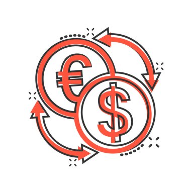 Çizgi roman tarzında para değişimi simgesi. Beyaz izole edilmiş arka planda dolar transferi karikatür vektör çizimi. Finansal süreç iş dünyası kavramını su yüzüne çıkardı.