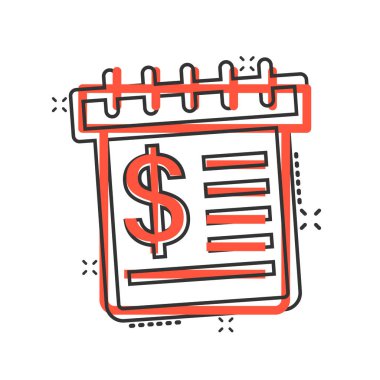 Çizgi roman tarzında para simgesi olan bir takvim. Beyaz izole edilmiş arkaplanda ödeme çizelgesi çizimi. Mali denetim sıçrama etkisi iş konsepti.