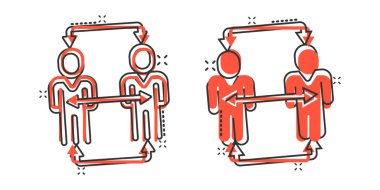 İnsanlar karikatür tarzında ikon gönderiyorlar. Beyaz arka planda iş iletişimi çizgi filmi vektör çizimi. Referans ekip çalışması etki iş kavramı.