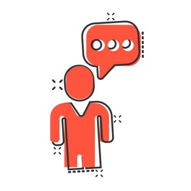 Çizgi roman tarzında konuşma balonu ikonu olan insanlar. Beyaz izole arkaplanda sohbet çizgi filmi vektör çizimi. Konuşma penceresi sıçrama etkisi iş konsepti.