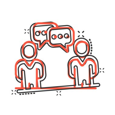 Çizgi roman tarzında konuşma balonu ikonu olan insanlar. Beyaz izole arkaplanda sohbet çizgi filmi vektör çizimi. Konuşma penceresi sıçrama etkisi iş konsepti.